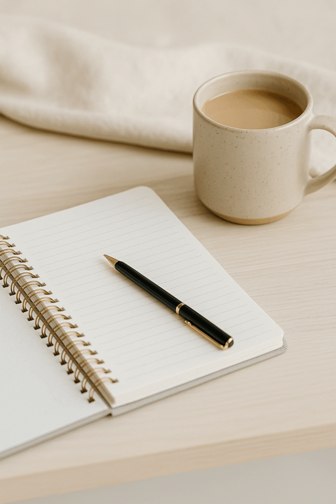 image of a desk with a cup of coffee and blank journal with a pen